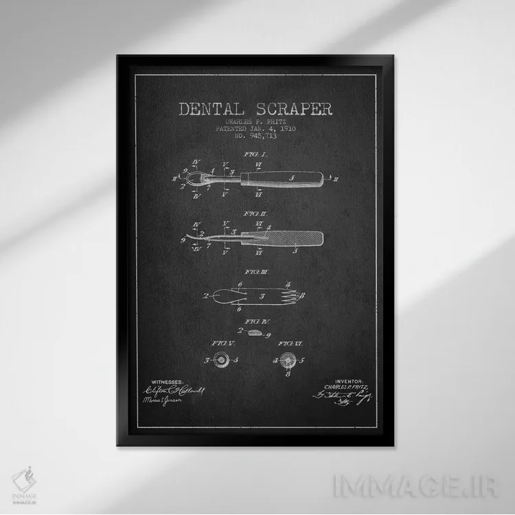 تابلو نقشهٔ ثبت اختراع اسکراپر دندانپزشکی خاکستری اثر پیکسل کهنه (استودیو/نام هنری) - نمای قابدار مشکی