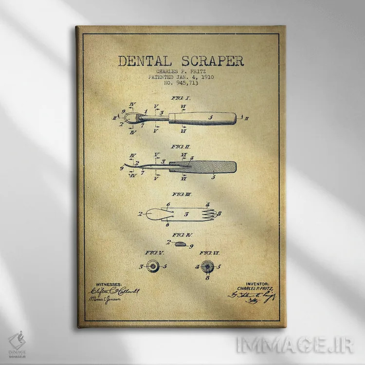 تابلو نقشهٔ ثبت اختراع اسکراپر دندانپزشکی (طرح کلاسیک) اثر پیکسل کهنه (استودیو/نام هنری) - نمای روبهرو روی دیوار