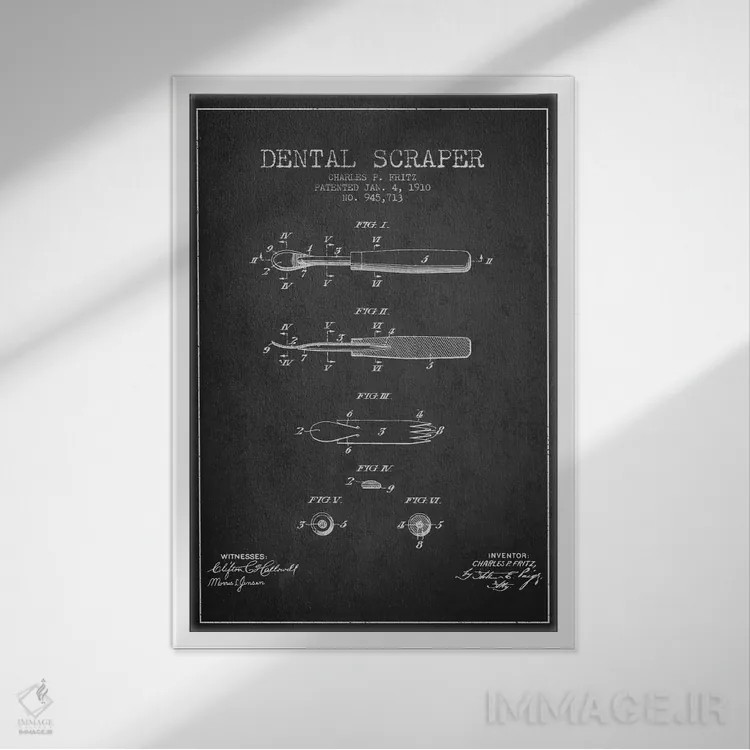 تابلو نقشهٔ ثبت اختراع اسکراپر دندانپزشکی خاکستری اثر پیکسل کهنه (استودیو/نام هنری) - نمای قابدار سفید