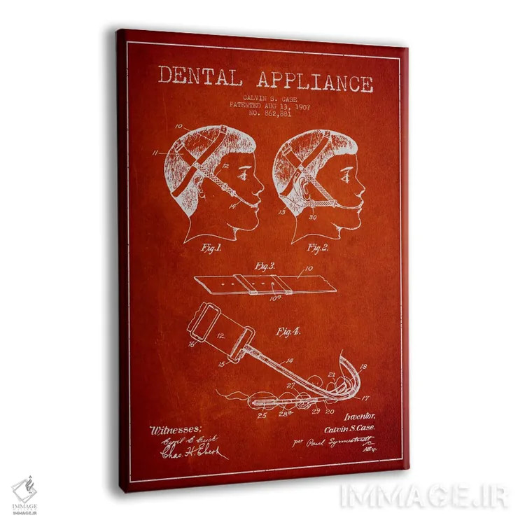 تابلو نقشهٔ ثبت اختراع وسایل دندانپزشکی قرمز اثر پیکسل کهنه (استودیو/نام هنری) - نمای پرسپکتیو محصول