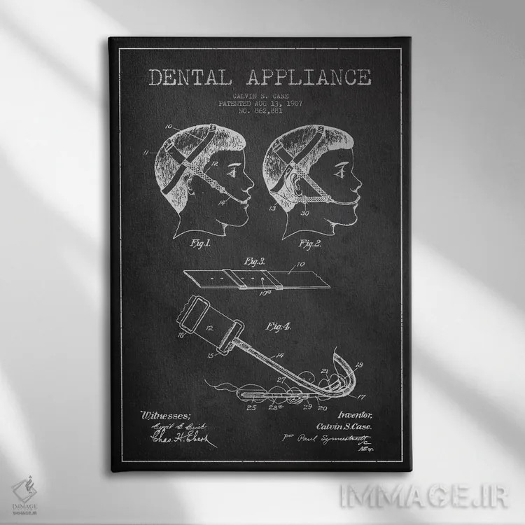 تابلو نقشهٔ ثبت اختراع وسایل دندانپزشکی خاکستری اثر پیکسل کهنه (استودیو/نام هنری) - نمای روبهرو روی دیوار