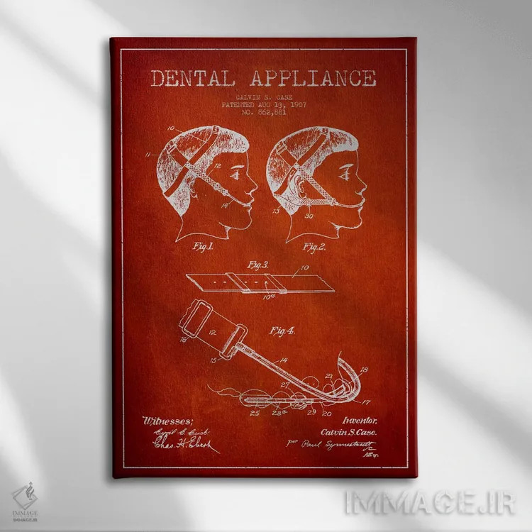 تابلو نقشهٔ ثبت اختراع وسایل دندانپزشکی قرمز اثر پیکسل کهنه (استودیو/نام هنری) - نمای روبهرو روی دیوار