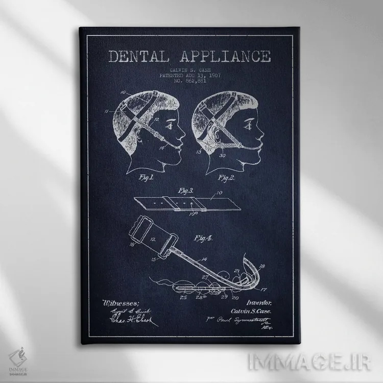 تابلو نقشهٔ ثبت اختراع وسایل دندانپزشکی آبی نفتی اثر پیکسل کهنه (استودیو/نام هنری) - نمای روبهرو روی دیوار