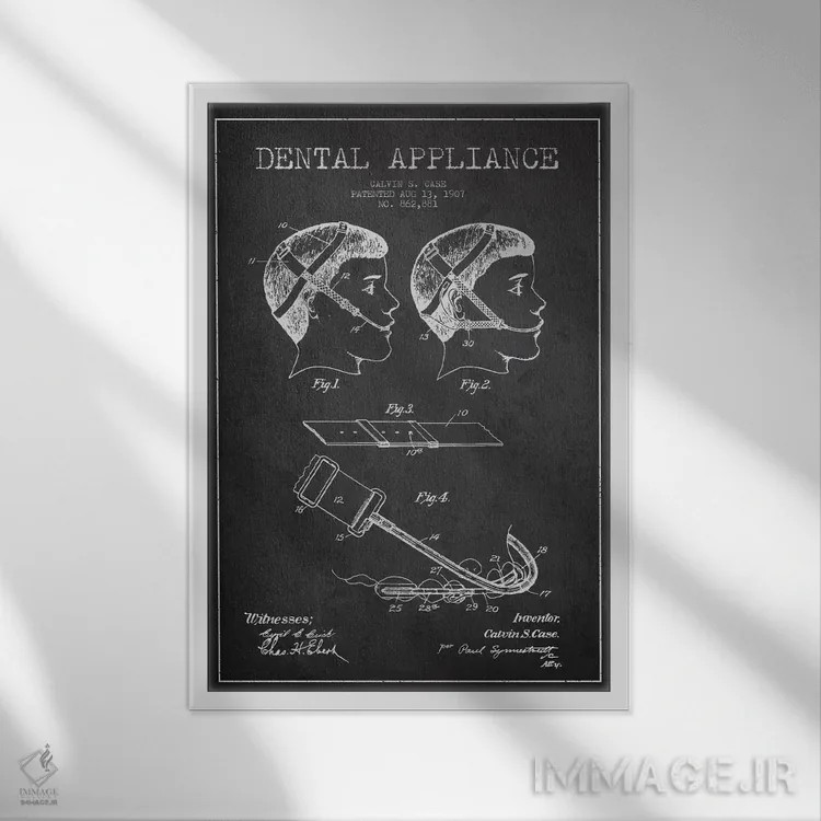 تابلو نقشهٔ ثبت اختراع وسایل دندانپزشکی خاکستری اثر پیکسل کهنه (استودیو/نام هنری) - نمای قابدار سفید