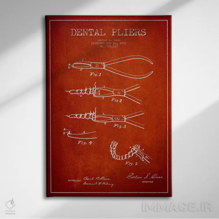 تابلو نقشهٔ ثبت اختراع انبر دندانپزشکی قرمز اثر پیکسل کهنه (استودیو/نام هنری) - نمای روبهرو روی دیوار