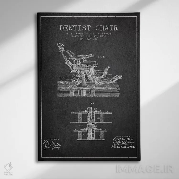 تابلو نقشهٔ ثبت اختراع صندلی دندانپزشک خاکستری اثر پیکسل کهنه (استودیو/نام هنری) - نمای روبهرو روی دیوار