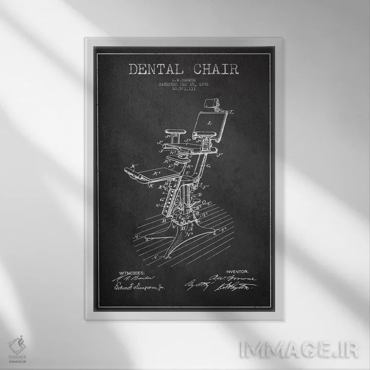 تابلو نقشهٔ ثبت اختراع صندلی دندانپزشکی خاکستری اثر پیکسل کهنه (استودیو/نام هنری) - نمای قابدار سفید