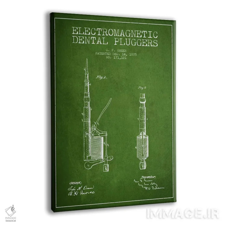 تابلو نقشهٔ ثبت اختراع پرکننده الکترومغناطیسی دندانپزشکی سبز اثر پیکسل کهنه (استودیو/نام هنری) - نمای پرسپکتیو محصول