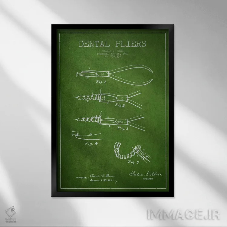 تابلو نقشهٔ ثبت اختراع انبر دندانپزشکی سبز اثر پیکسل کهنه (استودیو/نام هنری) - نمای قابدار مشکی