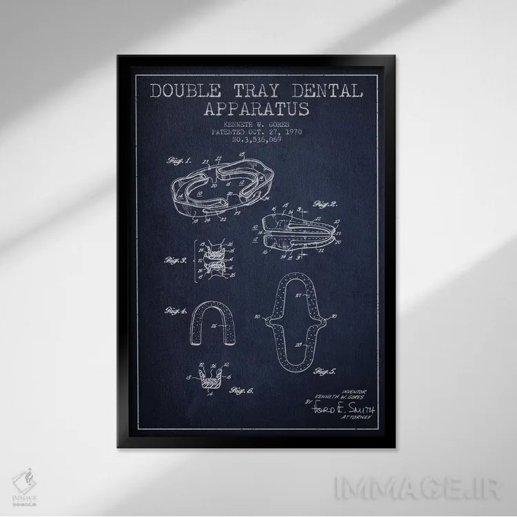 تابلو نقشهٔ ثبت اختراع سینی دوبل آبی نفتی اثر پیکسل کهنه (استودیو/نام هنری) - نمای قابدار مشکی