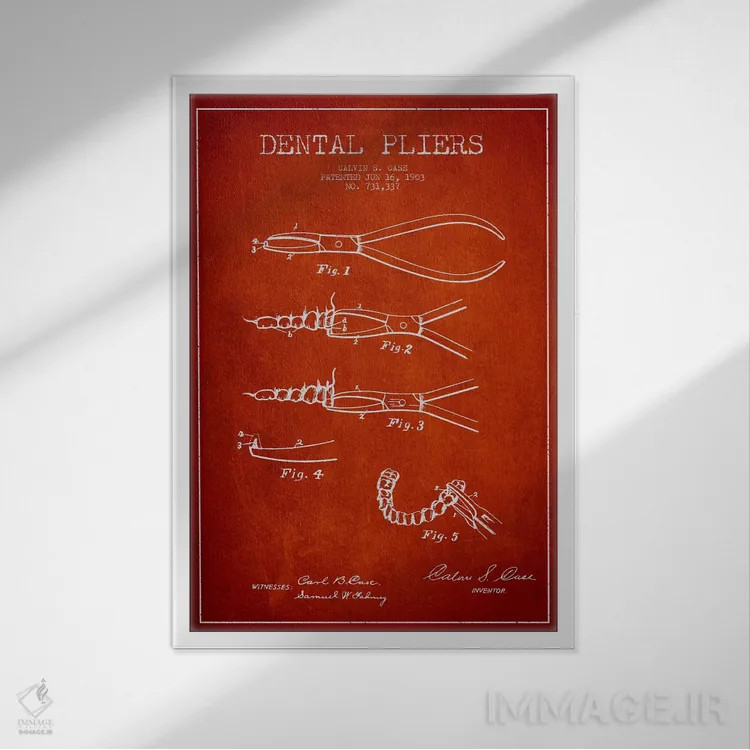 تابلو نقشهٔ ثبت اختراع انبر دندانپزشکی قرمز اثر پیکسل کهنه (استودیو/نام هنری) - نمای قابدار سفید