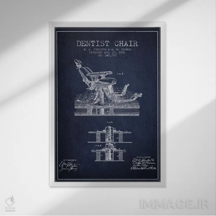 تابلو نقشهٔ ثبت اختراع صندلی دندانپزشک آبی نفتی اثر پیکسل کهنه (استودیو/نام هنری) - نمای قابدار سفید