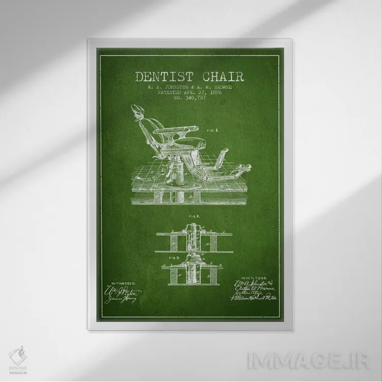 تابلو نقشهٔ ثبت اختراع صندلی دندانپزشک سبز اثر پیکسل کهنه (استودیو/نام هنری) - نمای قابدار سفید