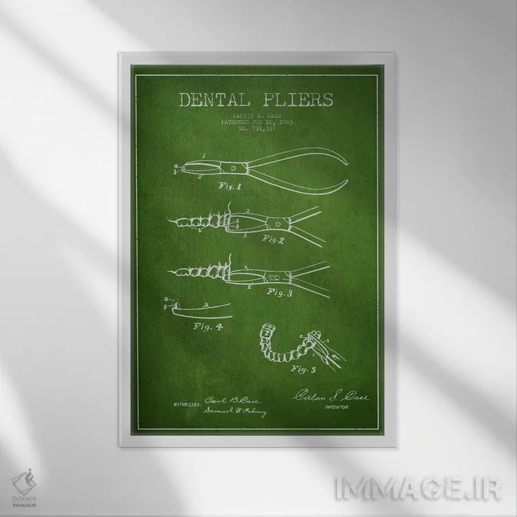 تابلو نقشهٔ ثبت اختراع انبر دندانپزشکی سبز اثر پیکسل کهنه (استودیو/نام هنری) - نمای قابدار سفید