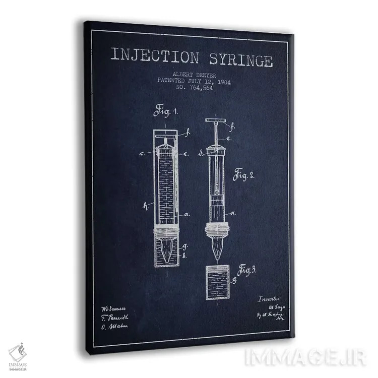 تابلو نقشهٔ ثبت اختراع سرنگ تزریق (آبی نفتی) اثر پیکسل کهنه (استودیو/نام هنری) - نمای پرسپکتیو محصول