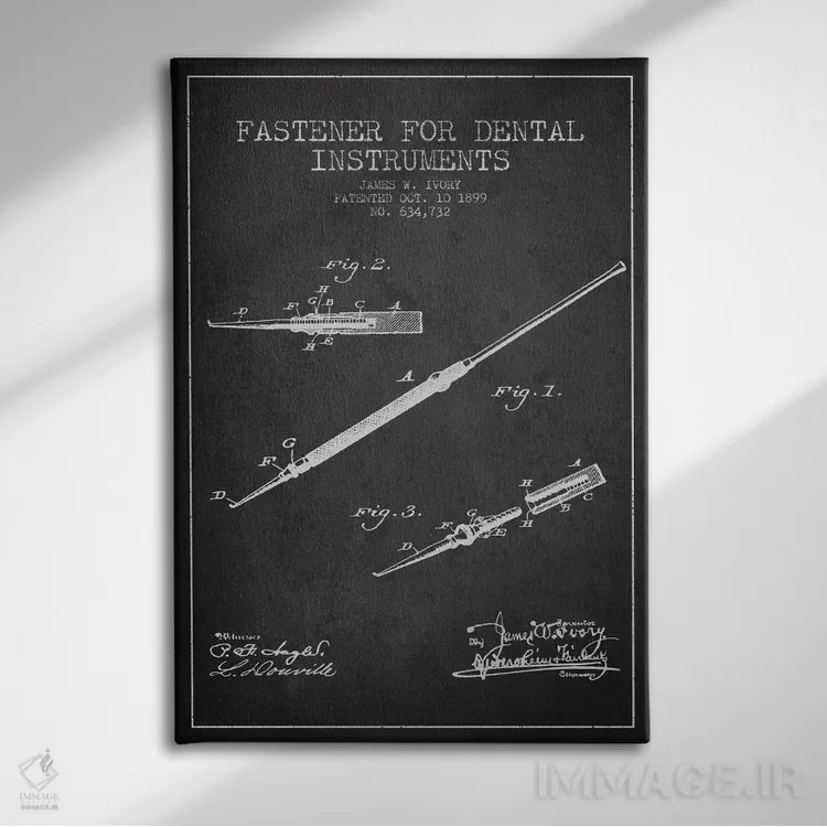 تابلو نقشهٔ ثبت اختراع بست ابزار دندانپزشکی خاکستری اثر پیکسل کهنه (استودیو/نام هنری) - نمای روبهرو روی دیوار