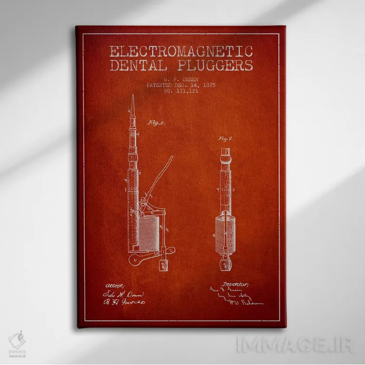 تابلو نقشهٔ ثبت اختراع پرکننده الکترومغناطیسی دندانپزشکی قرمز اثر پیکسل کهنه (استودیو/نام هنری) - نمای روبهرو روی دیوار