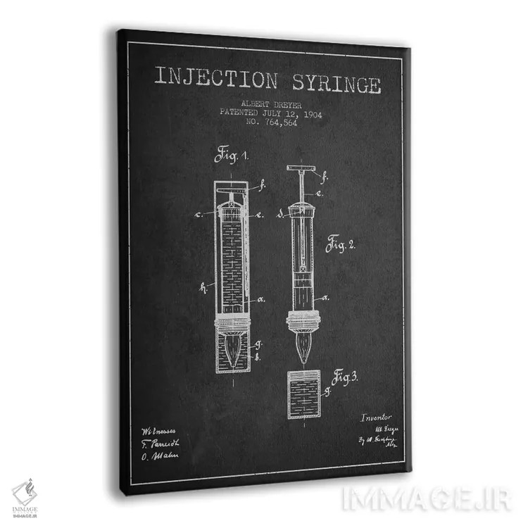 تابلو نقشهٔ ثبت اختراع سرنگ تزریق (زغالی) اثر پیکسل کهنه (استودیو/نام هنری) - نمای پرسپکتیو محصول