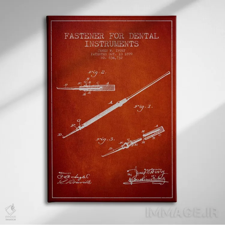تابلو نقشهٔ ثبت اختراع ابزار دندانپزشکی بستدار (قرمز) اثر پیکسل کهنه (استودیو/نام هنری) - نمای روبهرو روی دیوار