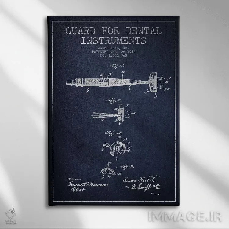 تابلو نقشهٔ ثبت اختراع ابزار دندانپزشکی با محافظ (آبی نفتی) اثر پیکسل کهنه (استودیو/نام هنری) - نمای روبهرو روی دیوار