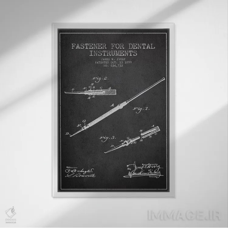 تابلو نقشهٔ ثبت اختراع بست ابزار دندانپزشکی خاکستری اثر پیکسل کهنه (استودیو/نام هنری) - نمای قابدار سفید