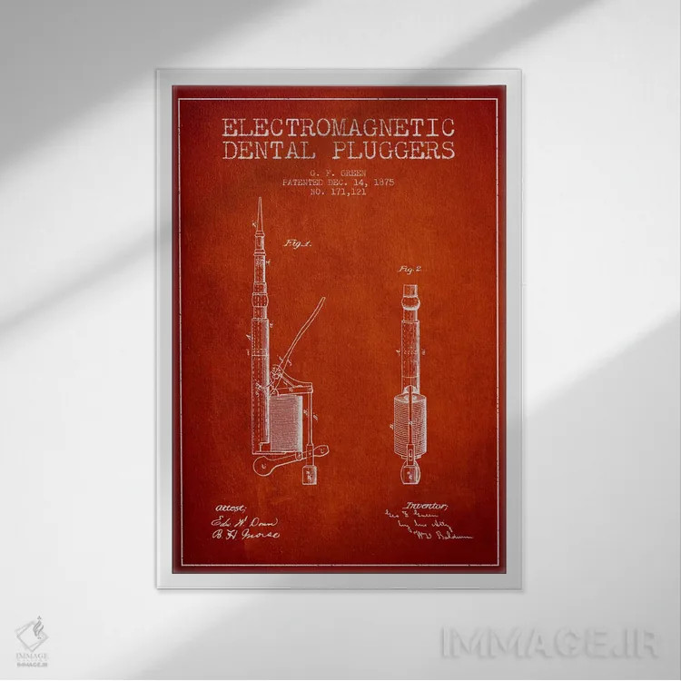 تابلو نقشهٔ ثبت اختراع پرکننده الکترومغناطیسی دندانپزشکی قرمز اثر پیکسل کهنه (استودیو/نام هنری) - نمای قابدار سفید