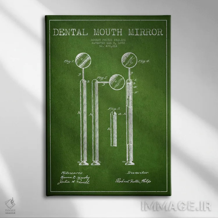 تابلو نقشهٔ ثبت اختراع آینه دهانی (سبز) اثر پیکسل کهنه (استودیو/نام هنری) - نمای روبهرو روی دیوار