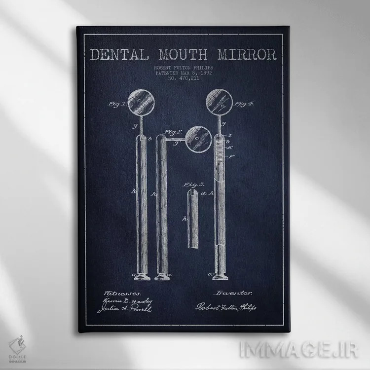 تابلو نقشهٔ ثبت اختراع آینه دهانی (آبی نفتی) اثر پیکسل کهنه (استودیو/نام هنری) - نمای روبهرو روی دیوار