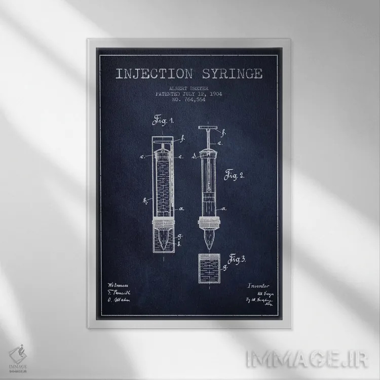 تابلو نقشهٔ ثبت اختراع سرنگ تزریق (آبی نفتی) اثر پیکسل کهنه (استودیو/نام هنری) - نمای قابدار سفید