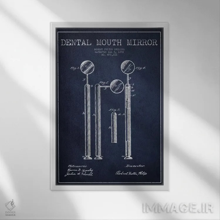 تابلو نقشهٔ ثبت اختراع آینه دهانی (آبی نفتی) اثر پیکسل کهنه (استودیو/نام هنری) - نمای قابدار سفید