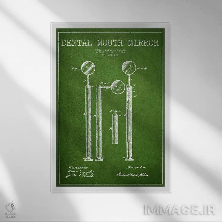 تابلو نقشهٔ ثبت اختراع آینه دهانی (سبز) اثر پیکسل کهنه (استودیو/نام هنری) - نمای قابدار سفید