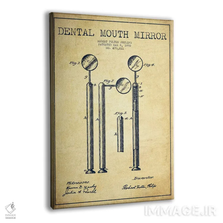 تابلو نقشهٔ ثبت اختراع آینه دهانی (قدیمی) اثر پیکسل کهنه (استودیو/نام هنری) - نمای پرسپکتیو محصول