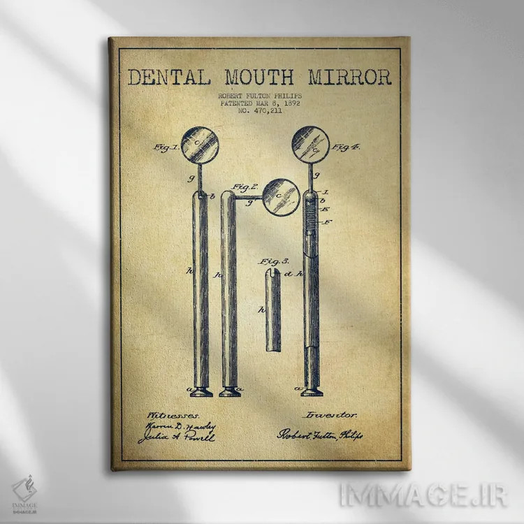 تابلو نقشهٔ ثبت اختراع آینه دهانی (قدیمی) اثر پیکسل کهنه (استودیو/نام هنری) - نمای روبهرو روی دیوار