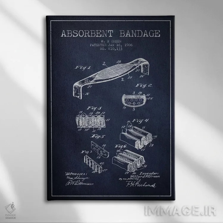 تابلو نقشهٔ ثبت اختراع بانداژ جاذب (آبی نفتی) اثر پیکسل کهنه (استودیو/نام هنری) - نمای روبهرو روی دیوار