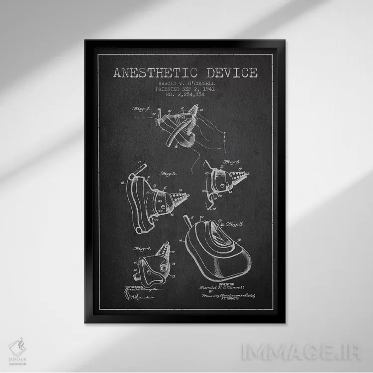 تابلو نقشهٔ ثبت اختراع دستگاه بیحسی (زغالی) اثر پیکسل کهنه (استودیو/نام هنری) - نمای قابدار مشکی