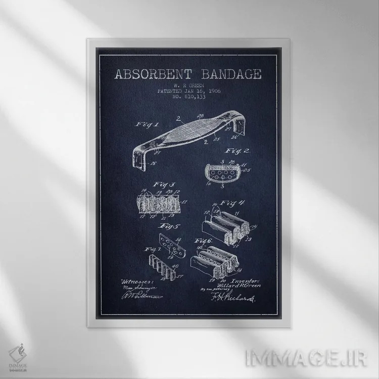 تابلو نقشهٔ ثبت اختراع بانداژ جاذب (آبی نفتی) اثر پیکسل کهنه (استودیو/نام هنری) - نمای قابدار سفید