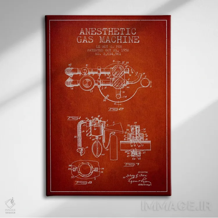 تابلو نقشهٔ ثبت اختراع گاز بیحسی (قرمز) اثر پیکسل کهنه (استودیو/نام هنری) - نمای روبهرو روی دیوار