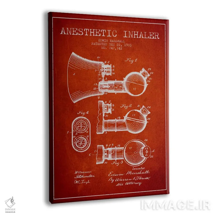 تابلو نقشهٔ ثبت اختراع دستگاه استنشاقی بیحسی (قرمز) اثر پیکسل کهنه (استودیو/نام هنری) - نمای پرسپکتیو محصول