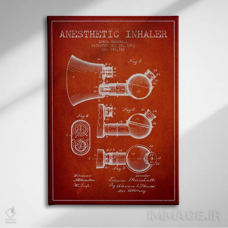 تابلو نقشهٔ ثبت اختراع دستگاه استنشاقی بیحسی (قرمز) اثر پیکسل کهنه (استودیو/نام هنری) - نمای روبهرو روی دیوار