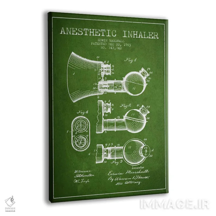 تابلو نقشهٔ ثبت اختراع دستگاه استنشاقی بیحسی (سبز) اثر پیکسل کهنه (استودیو/نام هنری) - نمای پرسپکتیو محصول