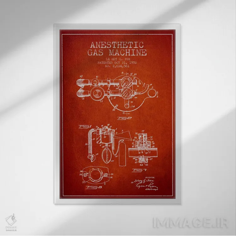 تابلو نقشهٔ ثبت اختراع گاز بیحسی (قرمز) اثر پیکسل کهنه (استودیو/نام هنری) - نمای قابدار سفید