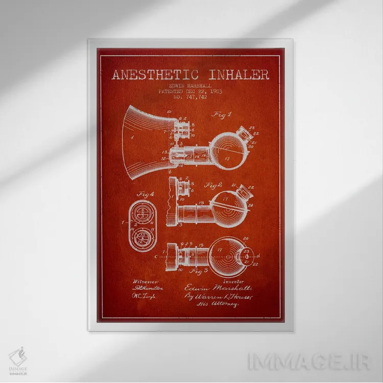 تابلو نقشهٔ ثبت اختراع دستگاه استنشاقی بیحسی (قرمز) اثر پیکسل کهنه (استودیو/نام هنری) - نمای قابدار سفید