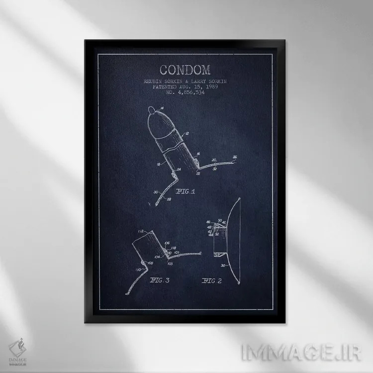 تابلو نقشهٔ ثبت اختراع کاندوم (آبی نفتی) اثر پیکسل کهنه (استودیو/نام هنری) - نمای قابدار مشکی
