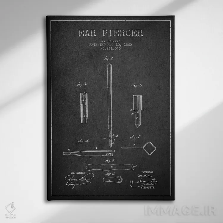 تابلو نقشهٔ ثبت اختراع دستگاه سوراخکننده گوش (زغالی) اثر پیکسل کهنه (استودیو/نام هنری) - نمای روبهرو روی دیوار