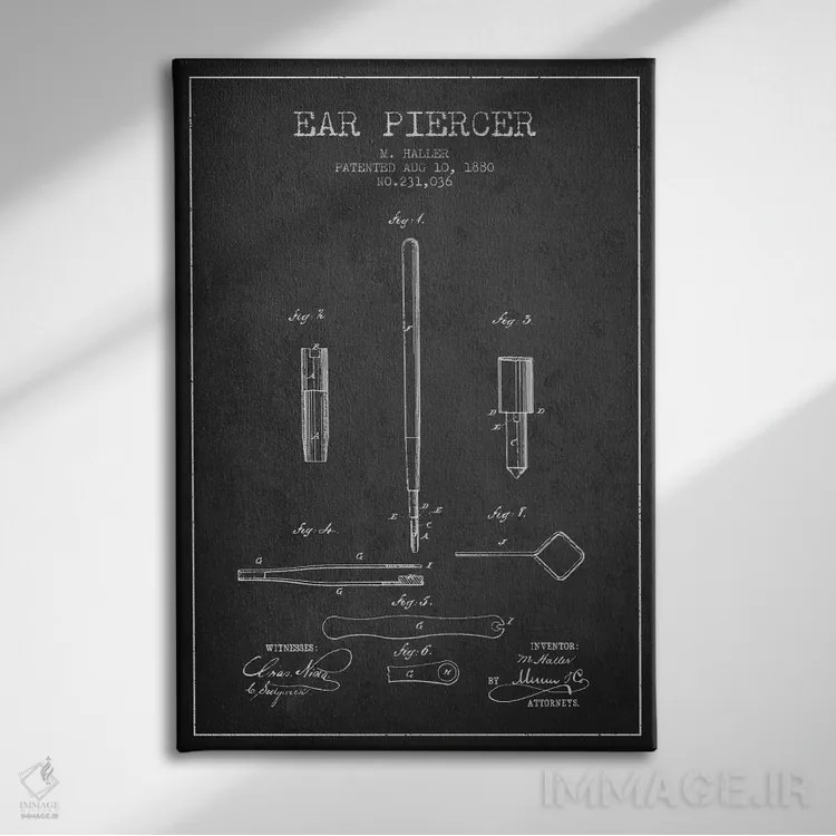 تابلو نقشهٔ ثبت اختراع دستگاه سوراخکننده گوش (زغالی) اثر پیکسل کهنه (استودیو/نام هنری) - نمای روبهرو روی دیوار