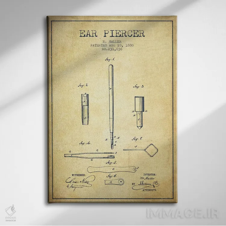 تابلو نقشهٔ ثبت اختراع دستگاه سوراخکننده گوش (قدیمی) اثر پیکسل کهنه (استودیو/نام هنری) - نمای روبهرو روی دیوار