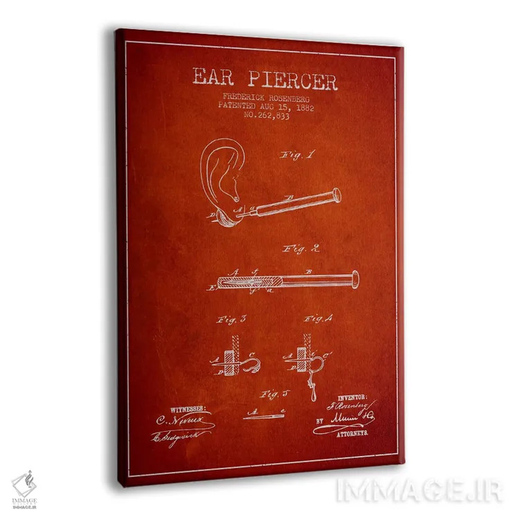 تابلو نقشهٔ ثبت اختراع دستگاه سوراخکننده گوش ۲ (قرمز) اثر پیکسل کهنه (استودیو/نام هنری) - نمای پرسپکتیو محصول