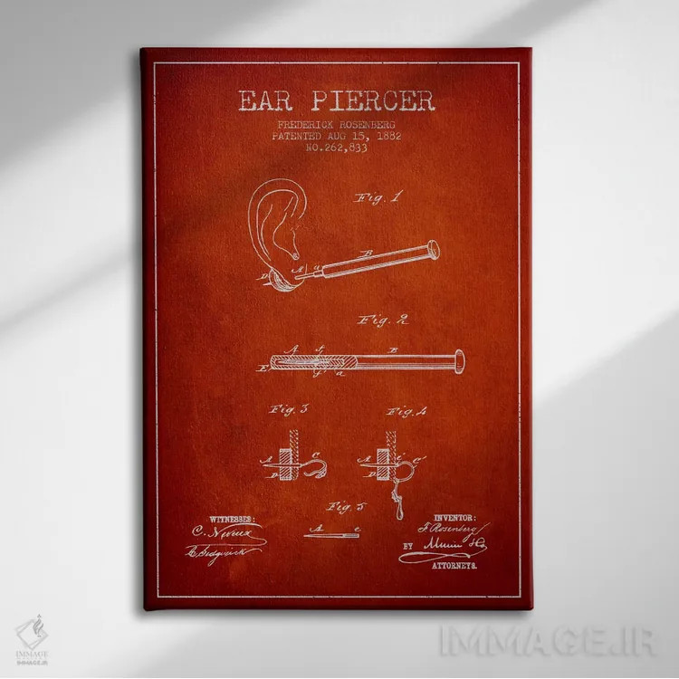 تابلو نقشهٔ ثبت اختراع دستگاه سوراخکننده گوش ۲ (قرمز) اثر پیکسل کهنه (استودیو/نام هنری) - نمای روبهرو روی دیوار