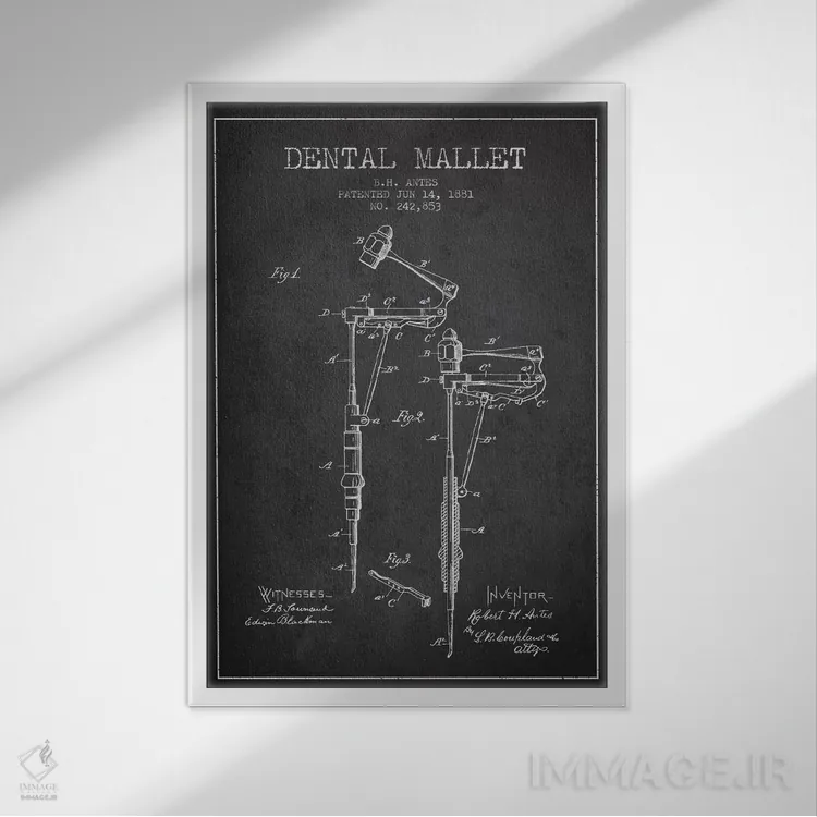 تابلو نقشهٔ ثبت اختراع چکش دندانپزشکی (زغالی) اثر پیکسل کهنه (استودیو/نام هنری) - نمای قابدار سفید