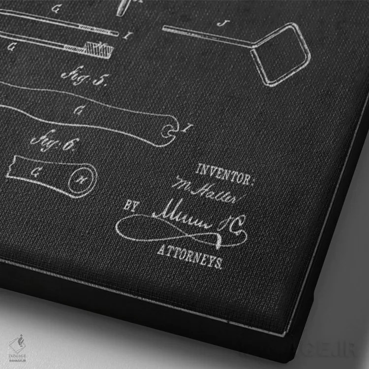 تابلو نقشهٔ ثبت اختراع دستگاه سوراخکننده گوش (زغالی) اثر پیکسل کهنه (استودیو/نام هنری) - نمای نزدیک بافت بوم